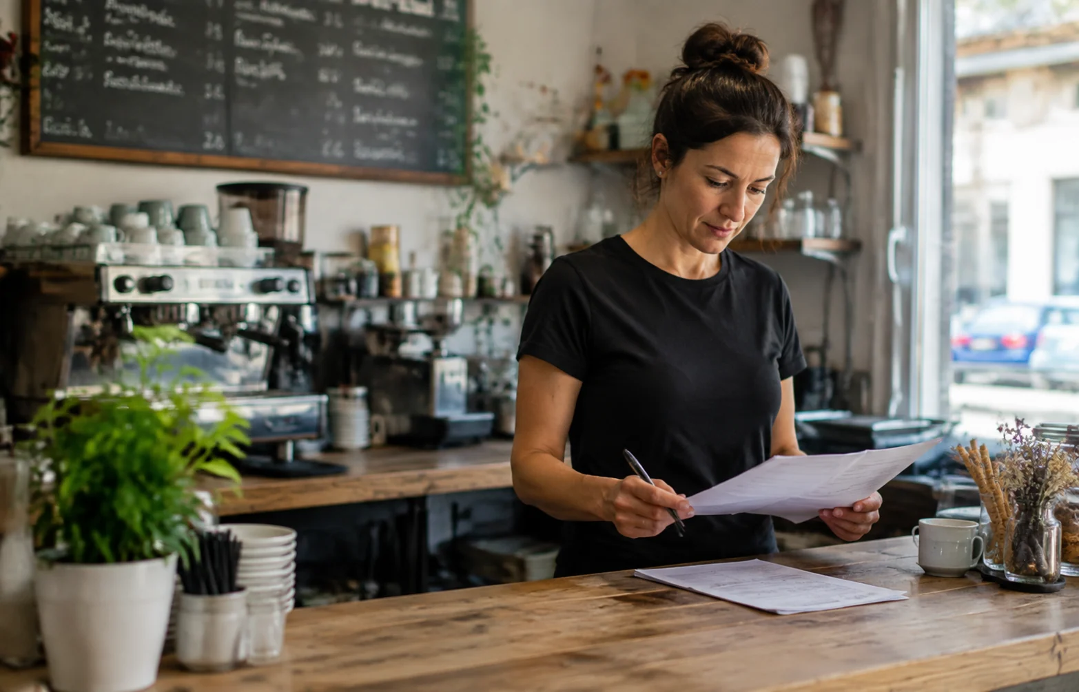 Inhaberin eines Cafés prüft am Tresen ihre Unterlagen
