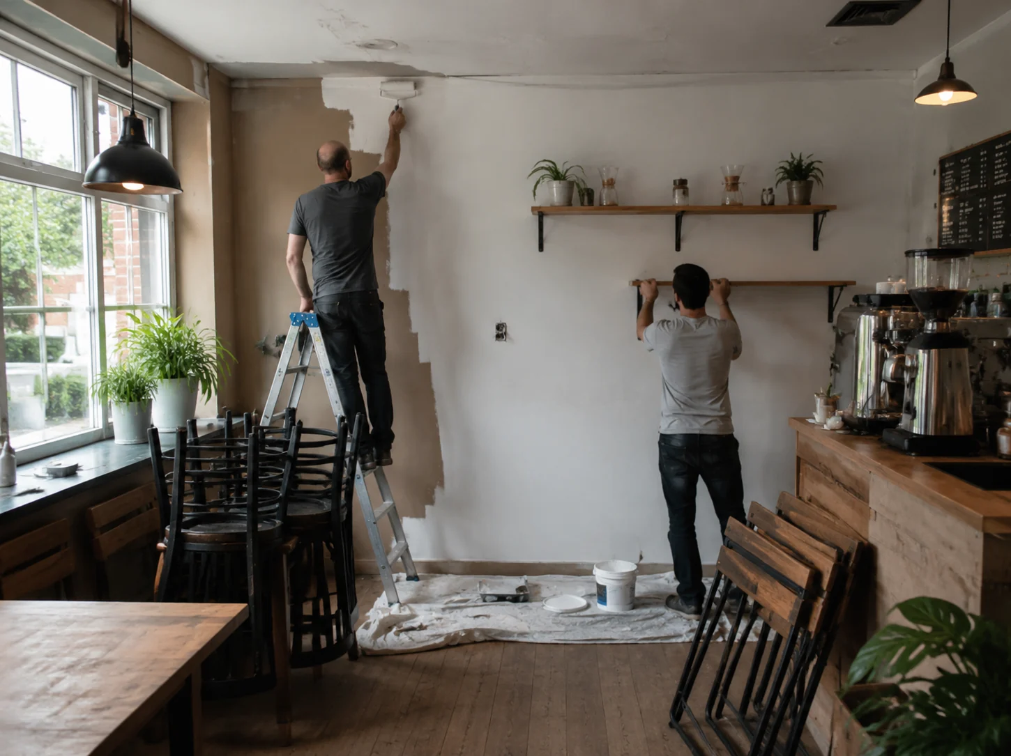 Zwei Handwerker streichen und montieren Regale in einem Café während der Renovierung