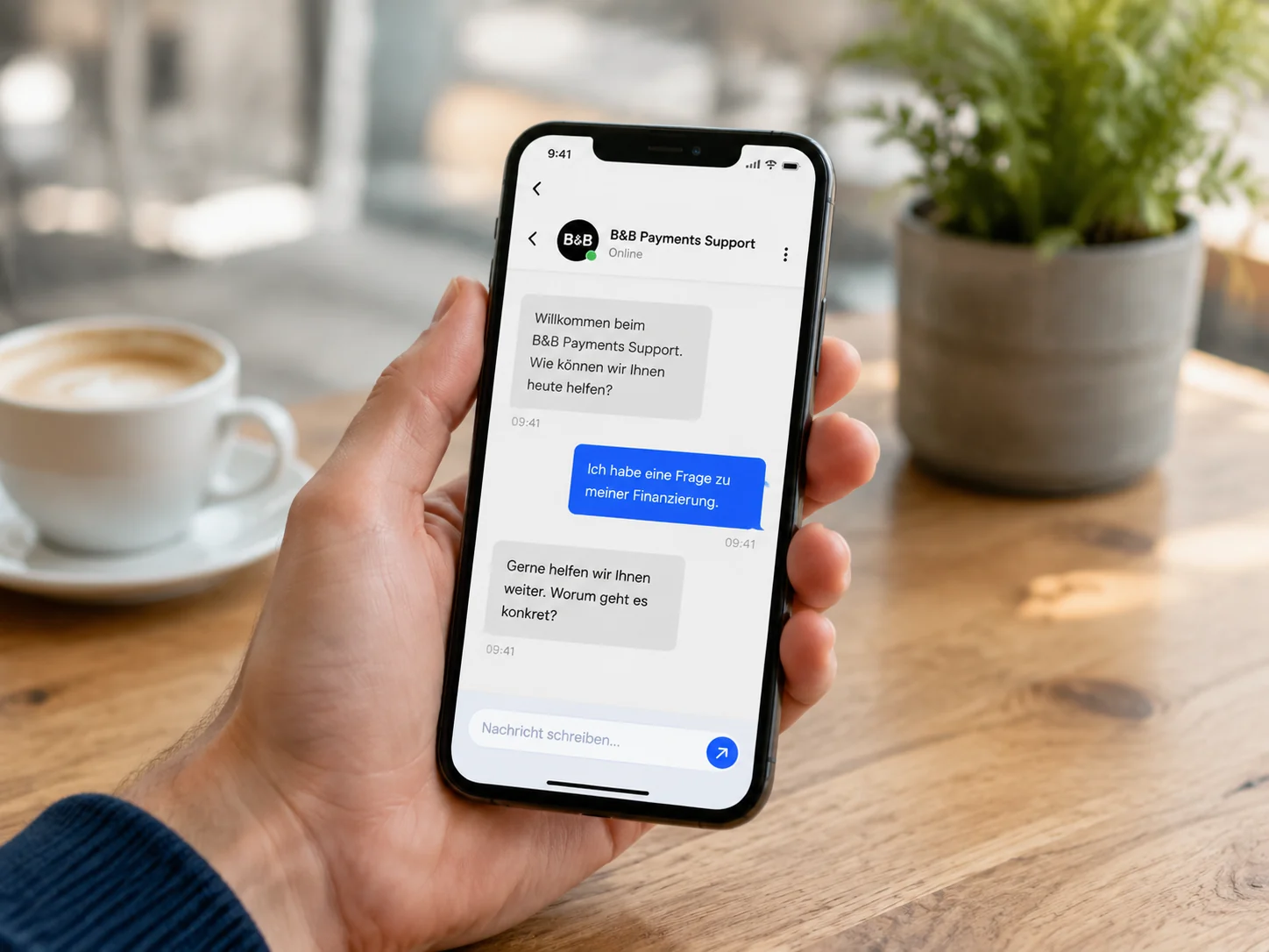 Hand hält ein Smartphone mit einem Chat-Verlauf des B&B Payments Supports zu einer Finanzierungsfrage