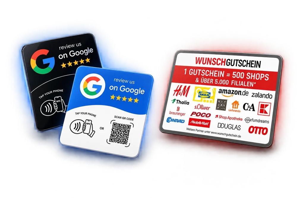 50-Euro-Wunschgutschein und Google-Bewertungskarten (NFC) – Ihre Geschenke zur Auswahl