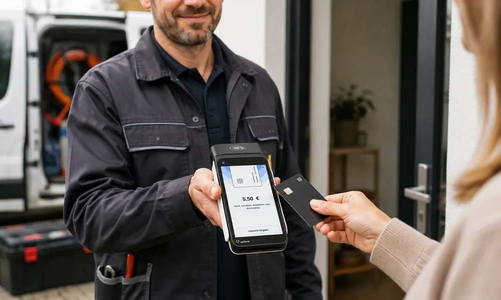Handwerker nimmt beim Kunden vor Ort eine Kartenzahlung entgegen