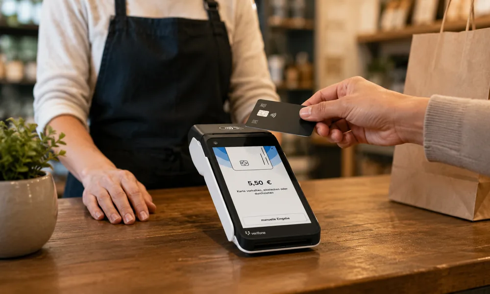 Kontaktlose Kartenzahlung im Geschäft am Shift4One Terminal