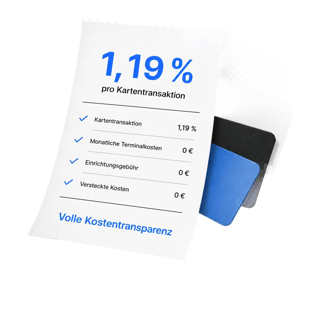 Kostenübersicht mit 1,19 % pro Kartentransaktion, 0 € monatliche Terminalkosten und 0 € Einrichtungsgebühr