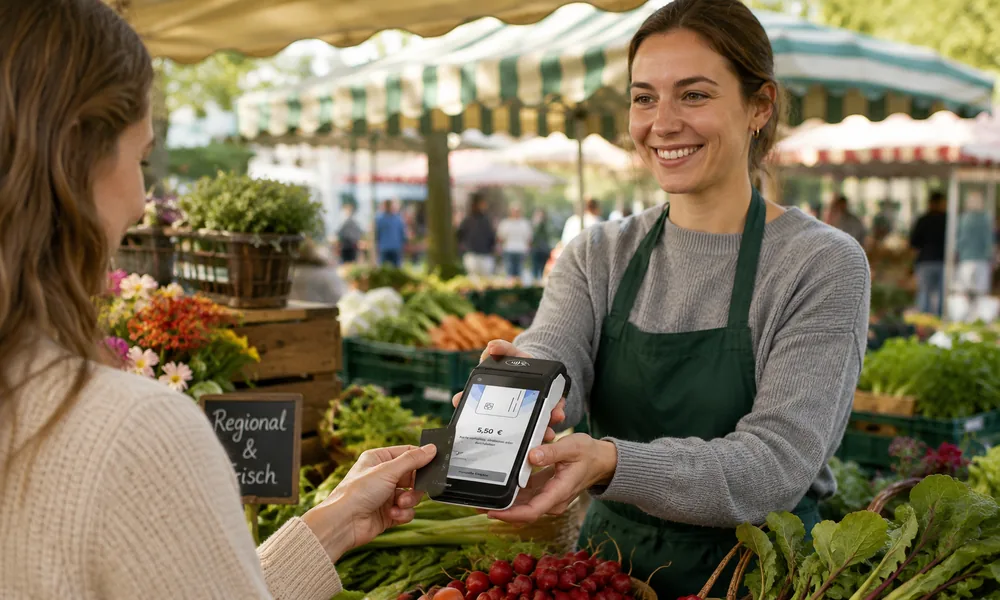 Händlerin kassiert am Marktstand per Kartenterminal