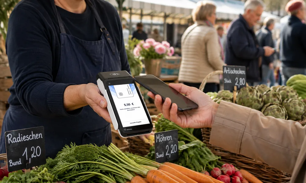Kontaktlose Kartenzahlung am Wochenmarkt