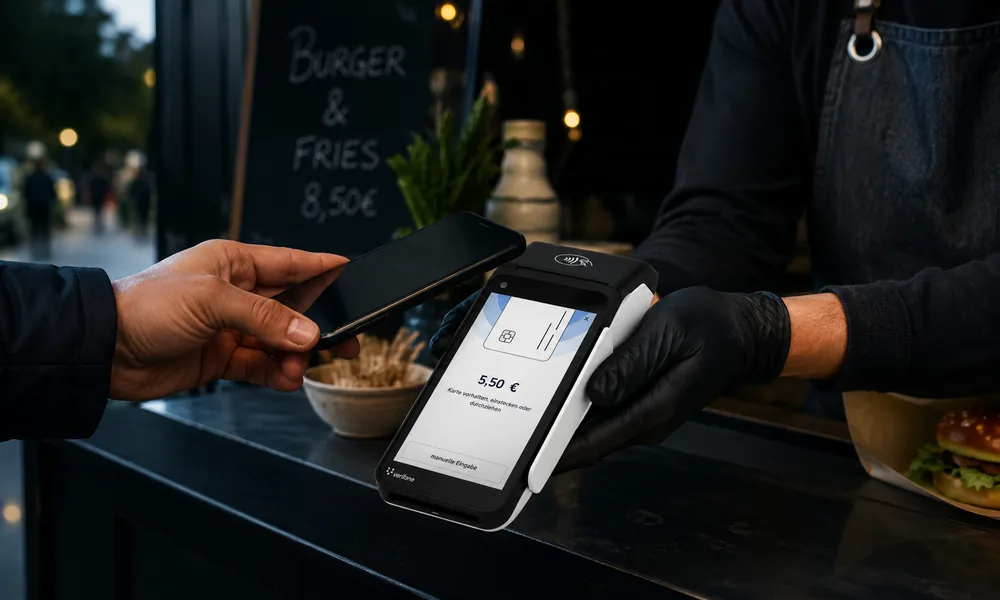 Kontaktlose Kartenzahlung per Smartphone unterwegs am mobilen Terminal