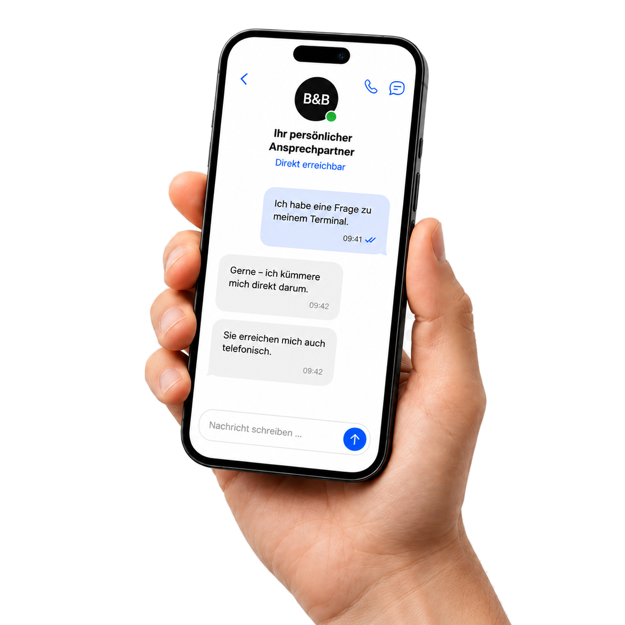 Persönlicher B&B-Payments-Ansprechpartner direkt per Nachricht und Telefon erreichbar