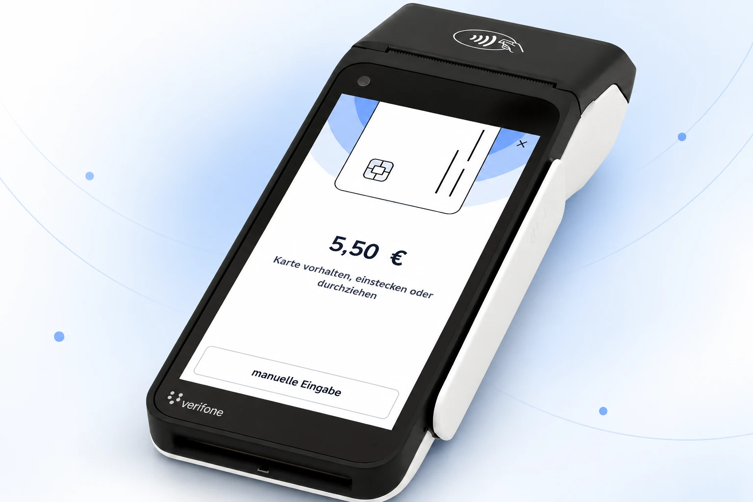 Shift4One Kartenterminal, das Display zeigt eine Zahlung über 5,50 €
