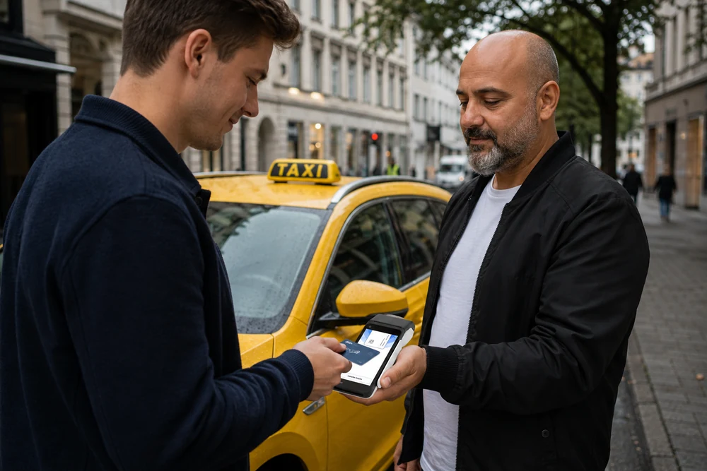 Fahrgast bezahlt Taxifahrt per Kartenterminal