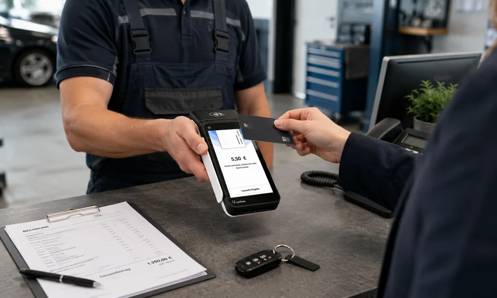 Kontaktlose Zahlung an der Werkstatt-Theke